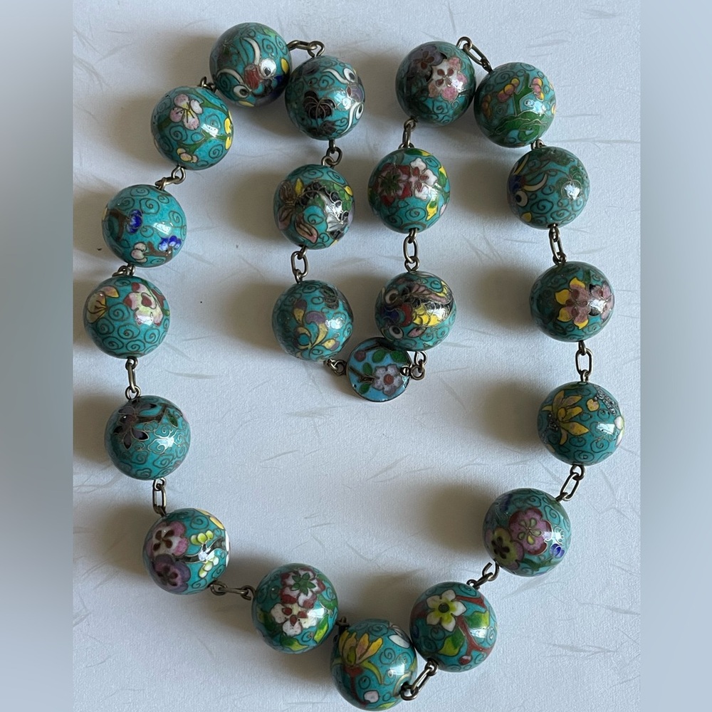 Antique Chinese cloisonne floral and gold fish beads necklace 24 inches long